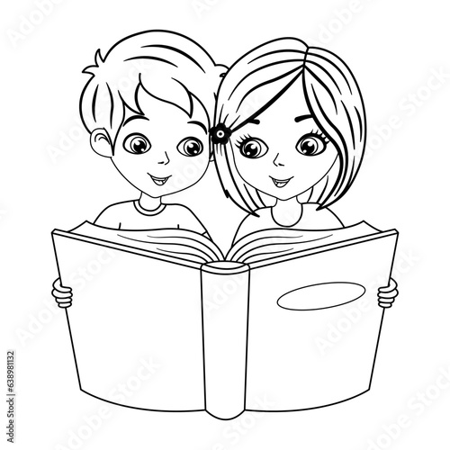 Children Read Book for Coloring Page. Education concept. Vector Illustration of a Boy and a Girl with a Book