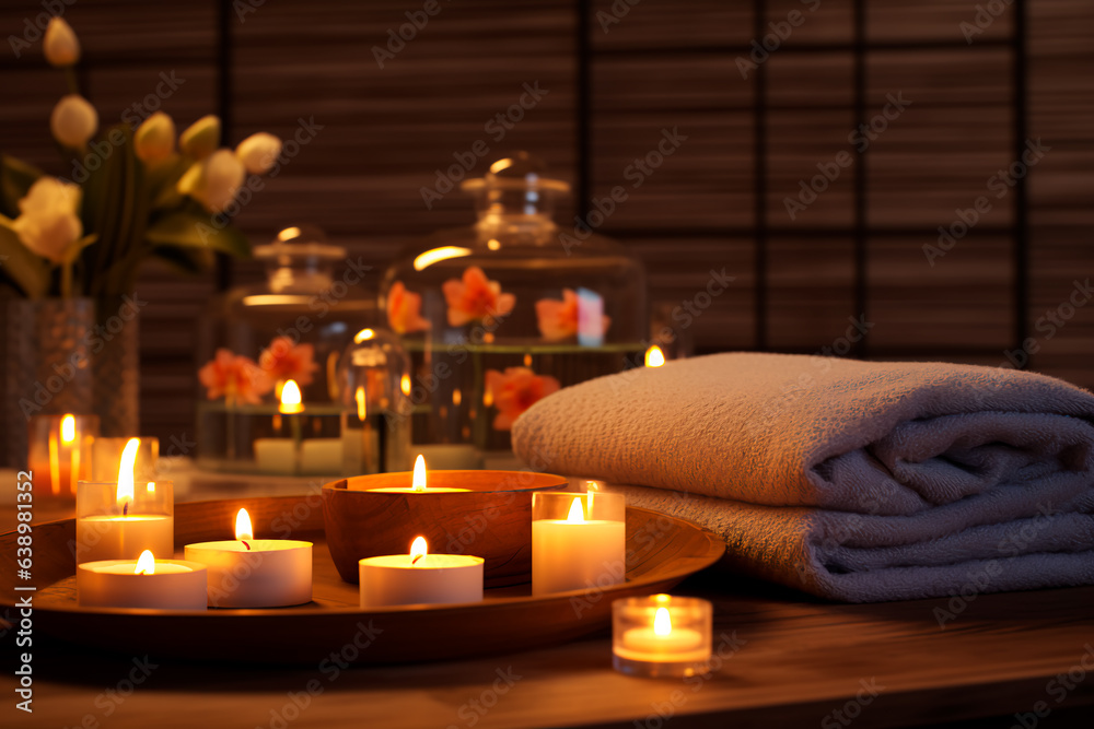 Massage room, massage table, towel and aromatic candles, essential oils. Spa procedures Massage room, massage table, towel and aromatic candles, essential oils. Spa procedures