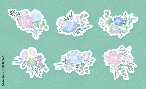 Blue Flowers Stickers Design with Blooming Flora Composition Vector Set