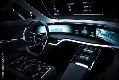 ai generated driverless car interior with futuristic dashboard for autonomous control system . © maylim