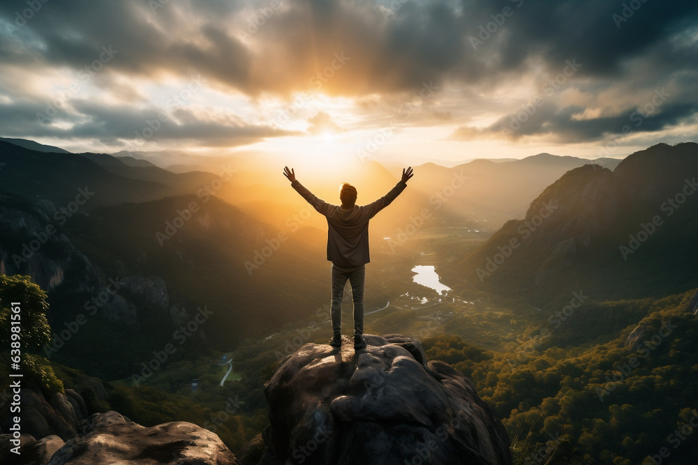 Grateful man at the peak, thanking God for his journey Grateful man at the peak, thanking God for his journey