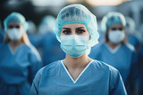 Portrait of successful female doctor in hospital before surgery. selective focus