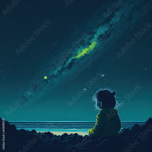 Lonely girl staring at the night sky kids book illustration print wallpaper  © George
