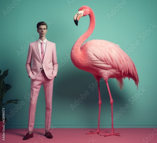 Elegant young man in pink suit standing next to giant flamingo, in the style of retro glamor.