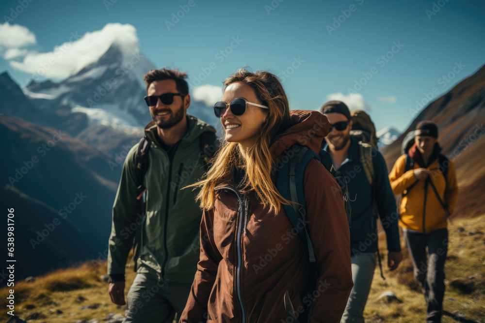 Group of young hikers hikers walk along the footpath on the mountain