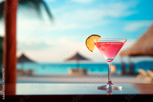 Alcoholic cocktail on the background of a beautiful beach and free space for text. Summer alcoholic drink © Uliana