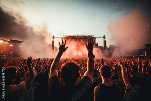 A crowd of fans at a concert, at the stadium. Photo from the back