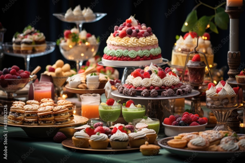 A festive dessert table with a variety of miniature treats, including cupcakes, cookies, and pastries. Generative AI