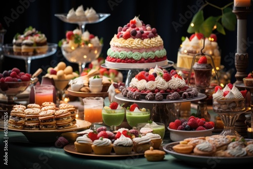 A festive dessert table with a variety of miniature treats, including cupcakes, cookies, and pastries. Generative AI