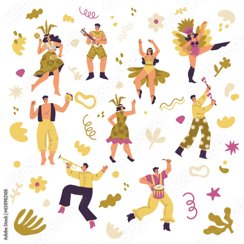 Brazilian Festival with People Dancing and Playing Musical Instrument Vector Set