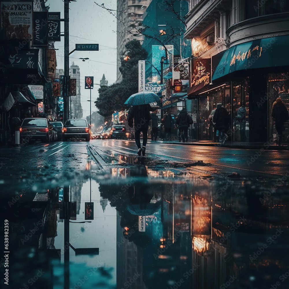 ai generated Illustration downtown rainy day with wet floor
