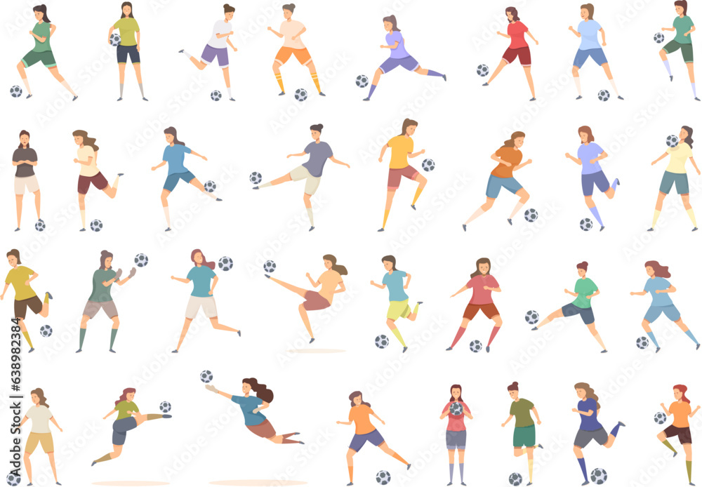 Womens football icons set cartoon vector. Soccer cup. Sport run