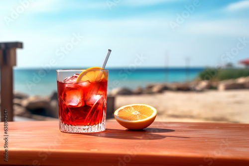 Alcoholic cocktail on the background of a beautiful beach and free space for text. Summer alcoholic drink. AI Generated