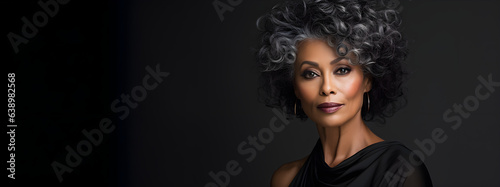 Close up portrait of a beautiful smiling black African-American woman of her 50s mid age on black background. Healthy face skin care beauty, skincare cosmetics, dental photo