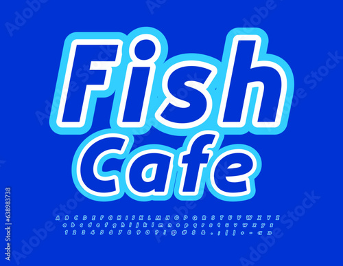 Vector bright logo Fish Cafe with Blue creative Font. Modern set of Alphabet Letters, Numbers and Symbols