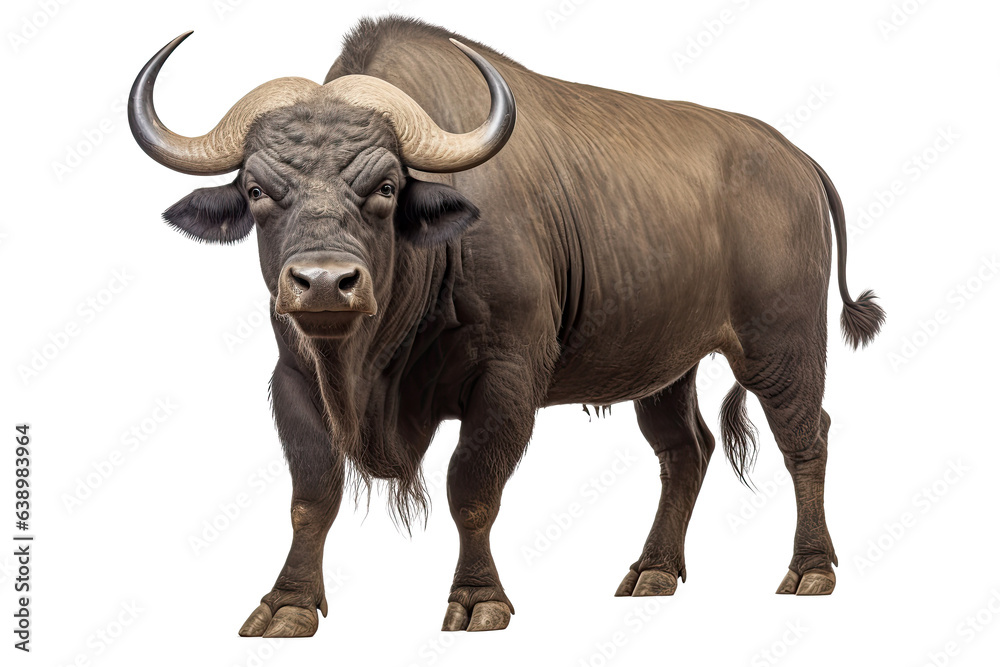 Obraz premium Portrait of Africa buffalo that looking at camera isolated on clean png background, cape buffalo in the nature, wildlife concept