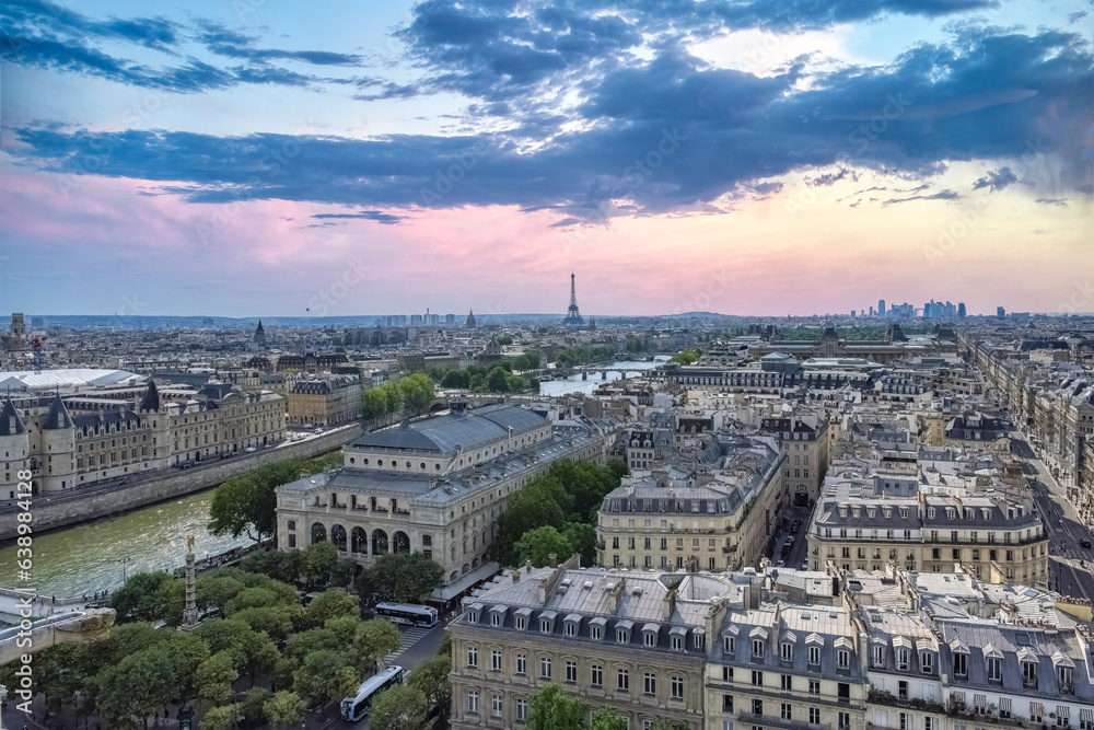 Paris, panorama of the city, with the Conciergerie on the Seine, and the Eiffel Tower in background
