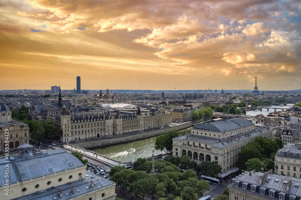 Paris, panorama of the city, with the Conciergerie on the Seine, the Montparnasse tower and the Eiffel Tower in background
