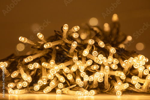 LED string lights. Party holiday christmas decoration lights. Close up christmas LED lighting photo