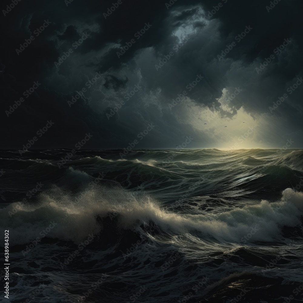 cinematic view of the stormy sea with dark clouds in the sky.  - obrazy, fototapety, plakaty 