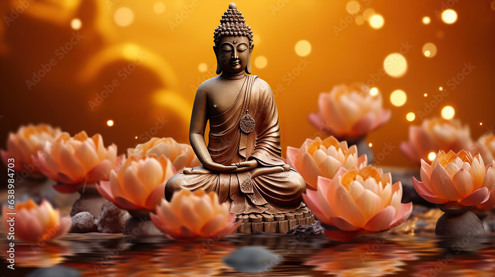 Buddha's Embrace, Serene Statue Amidst Lotus Blooms on Vibrant Orange