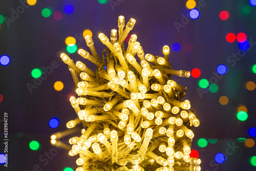 LED string lights. Party holiday christmas decoration lights. Close up christmas LED lighting photo