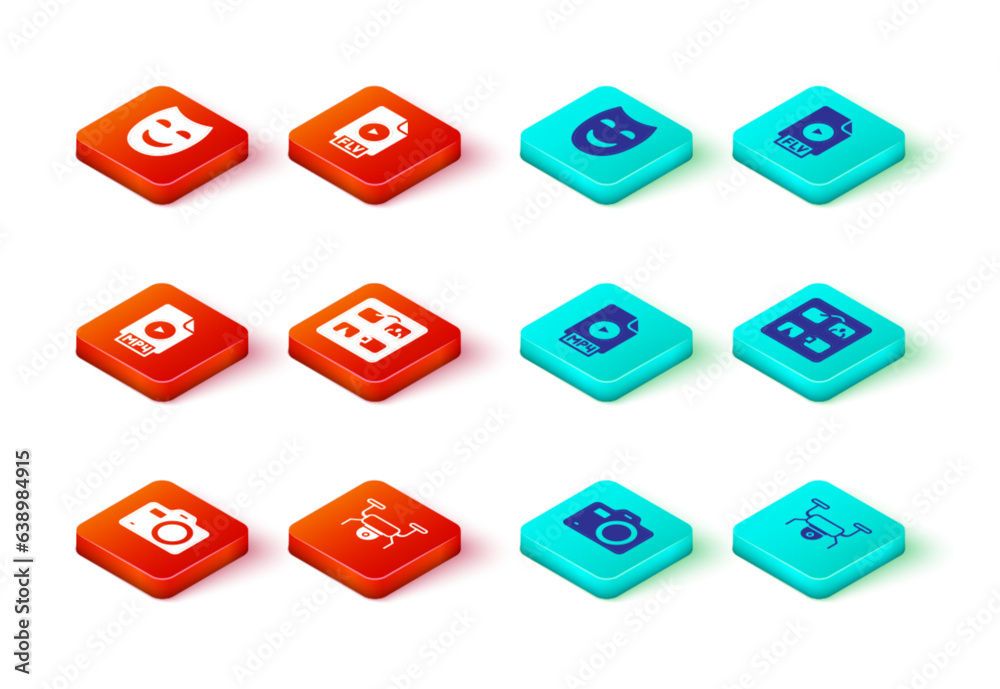 Set Photo camera, Drone flying, MP4 file document, Storyboard, FLV and Comedy theatrical mask icon. Vector Set Photo camera, Drone flying, MP4 file document, Storyboard, FLV and Comedy theatrical mask icon. Vector
