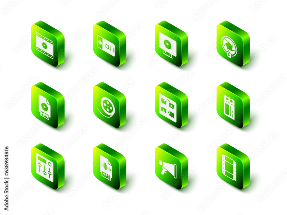Set Photo and video shooting, Online play, Camera shutter, Cinema ticket, Play Video, Storyboard, Megaphone and MP3 file document icon. Vector Set Photo and video shooting, Online play, Camera shutter, Cinema ticket, Play Video, Storyboard, Megaphone and MP3 file document icon. Vector
