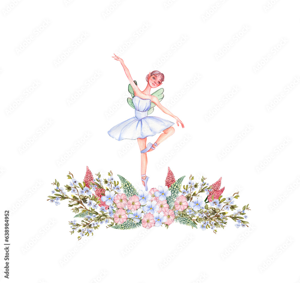 Composition of dancing ballerina with flowers. Hand drawn classic ballet performance, pose. Young pretty ballerina women illustration. Can be used for postcard and posters.