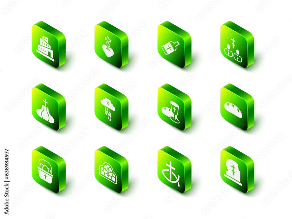 Set Religious cross in heart, Holy water bottle, Priest, Bread loaf, Grave with tombstone, Goblet and bread, Christian fish and Stained glass icon. Vector Set Religious cross in heart, Holy water bottle, Priest, Bread loaf, Grave with tombstone, Goblet and bread, Christian fish and Stained glass icon. Vector