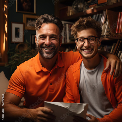 Pai e filho juntos feliz de camisa laranja photo