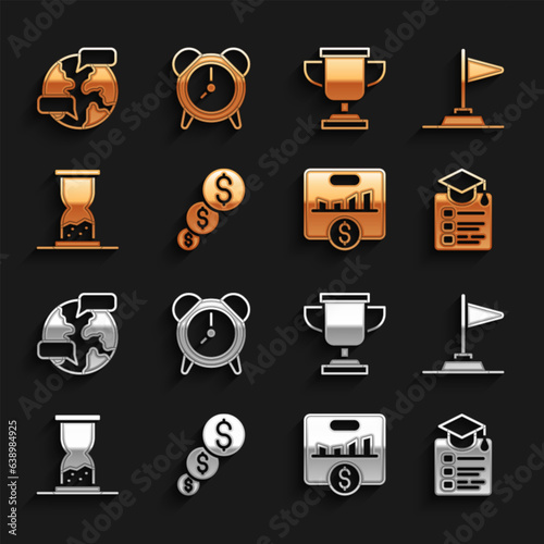 Set Financial growth and dollar, Flag, Online education, Key performance indicator, Old hourglass with sand, Award cup, Worldwide and Alarm clock icon. Vector