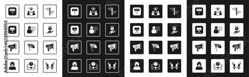 Set Security camera, Protest, Heart rate, Prison cell door, Coins hand - minimal wage, Spy, agent, Peace and Megaphone dollar icon. Vector