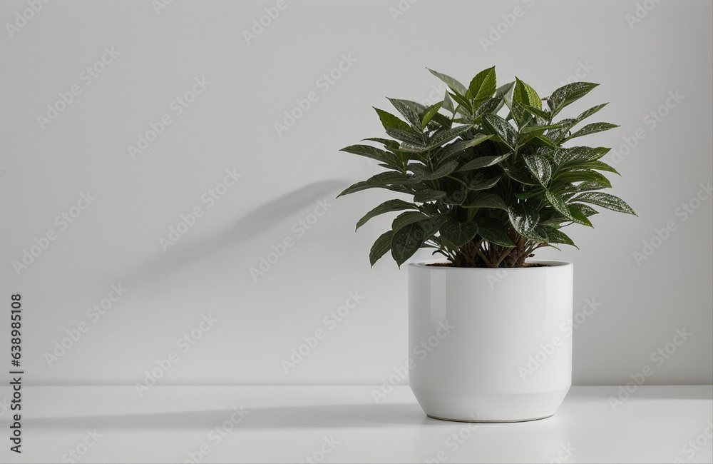 Fototapeta premium single potted plant on table white canvas background ,white studio background, white ambient background, abstract white background wall . AI Generative