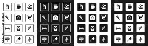 Set Honey dipper stick with bowl, Bathroom scales, Sauna brush, Washcloth, Towel hanger, Cup of tea, Hairbrush and wood bench icon. Vector
