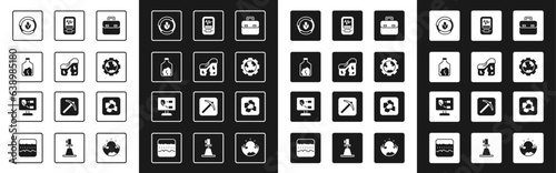 Set Briefcase, Geological fault, Ore mining, Soil analysis, Gear wheels and earth, Seismograph, Gold nugget and icon. Vector