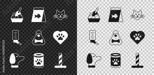 Set Cat litter tray with shovel, Food for fish, Dog, Canned food, scratching post toy, Drinker small pets and collar bone icon. Vector