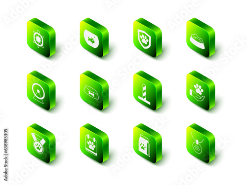 Set Aquarium with fish, Animal health insurance, Pet food bowl for cat or dog, Hands animals footprint, Collar name tag, Cat scratching post toy, Bag of pet and Calendar grooming icon. Vector