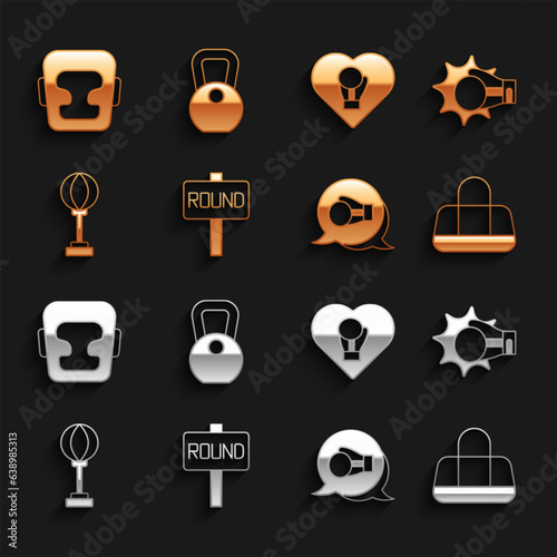 Set Boxing ring board, Punch boxing glove, Sport bag, Punching, helmet and Weight icon. Vector