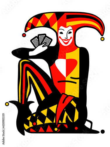 Smiling Joker in colored woodcut style holding playing cards isolated on white. Vector illustration