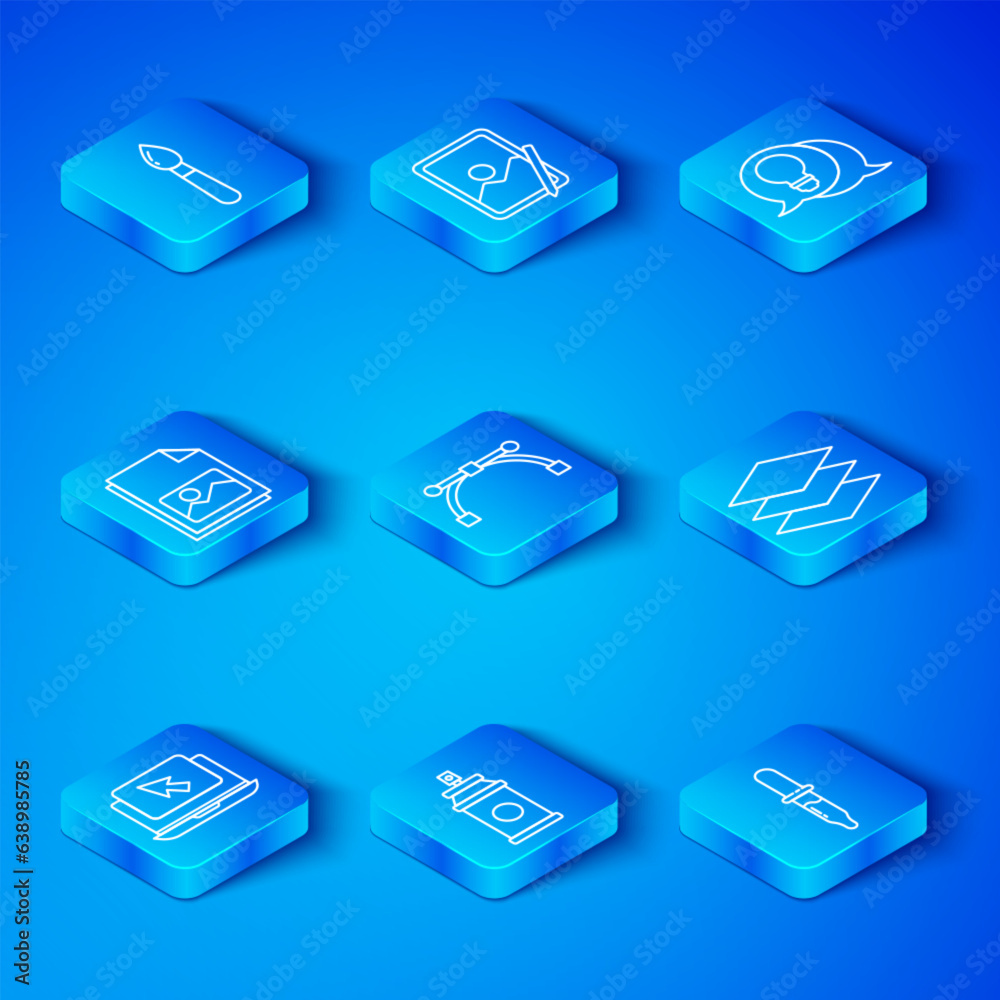 Set line Laptop and cursor, Bezier curve, Paint spray can, Layers, Light bulb with concept of idea, Picture landscape, brush and Pipette icon. Vector Set line Laptop and cursor, Bezier curve, Paint spray can, Layers, Light bulb with concept of idea, Picture landscape, brush and Pipette icon. Vector