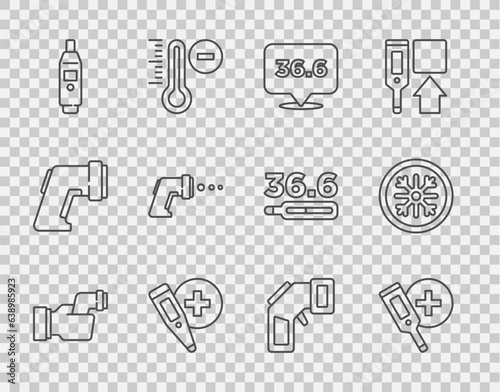 Set line Checking body temperature, Digital thermometer, Medical, and Snowflake icon. Vector