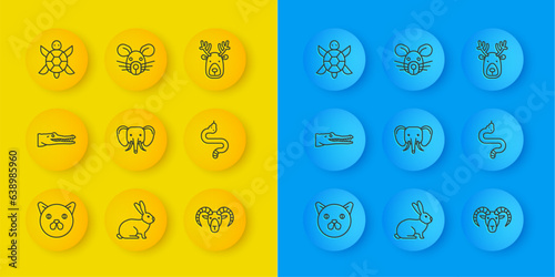 Set line Cat, Crocodile, Elephant, Head of goat or ram, Snake, Turtle, Deer head with antlers and Rat icon. Vector