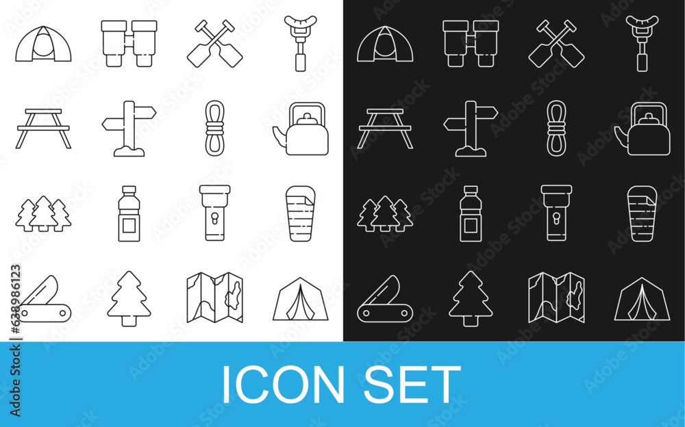 Set line Tourist tent, Sleeping bag, Kettle with handle, Paddle, Road traffic signpost, Picnic table benches, and Climber rope icon. Vector