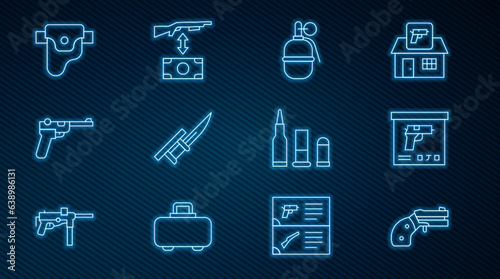 Set line Small gun revolver, Military ammunition box, Hand grenade, Bayonet rifle, Mauser, Gun in holster, Bullet and Buying assault icon. Vector