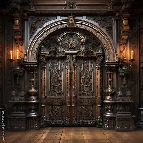 Illustration of an old castle door. Wooden door of a castle full of stories from the past. Door with fine copper ornaments.