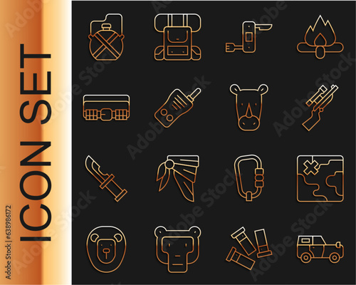 Set line Off road car, Africa safari map, Sniper rifle with scope, Swiss army knife, Walkie talkie, Hunting cartridge belt, Canteen water bottle and Rhinoceros icon. Vector