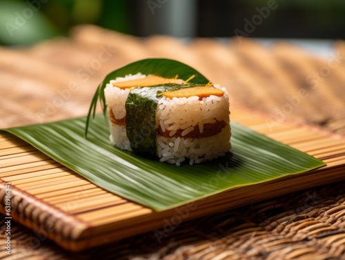 maki roll garnished with sesame seeds and served on a bamboo mat