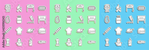 Set line Steak meat, Burger, BBQ brazier, Barbecue grill, Propane gas tank, Brick stove and Sauce bottle icon. Vector