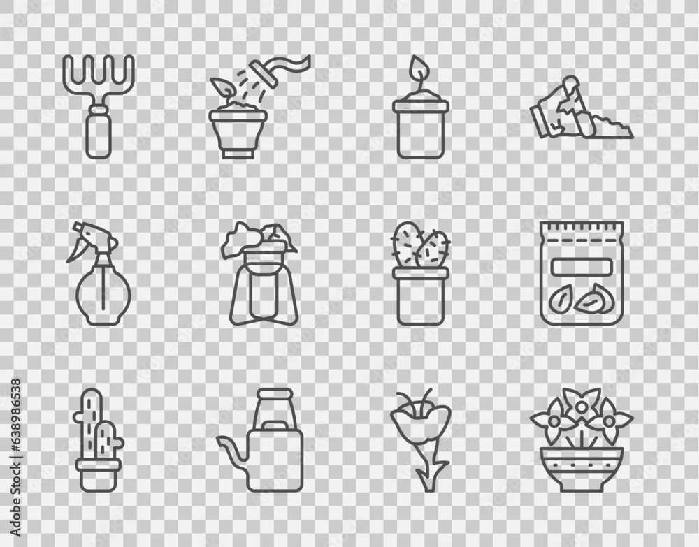 Set line Cactus peyote in pot, Flower vase, Sprout bottle, Watering can, Garden rake, Plant on stand, and Pack full of seeds of plant icon. Vector Set line Cactus peyote in pot, Flower vase, Sprout bottle, Watering can, Garden rake, Plant on stand, and Pack full of seeds of plant icon. Vector